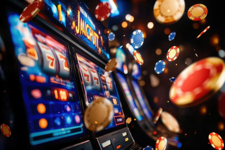 A flurry of coins and poker chips is launched into the air as the slot machine signals a big jackpot win in an energetic casino atmosphere.の素材