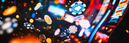Coins and colorful poker chips cascade into the air as the slot machine celebrates a jackpot win in a lively casino.の素材