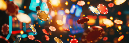 A lively casino erupts with excitement as coins and poker chips fly into the air after a slot machine hits the jackpot, creating a festive atmosphere.の素材