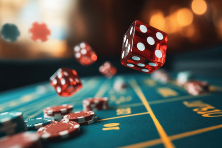 With chips scattered on the green felt, red dice are flying through the air in a thrilling moment of a craps game at a casino.の素材