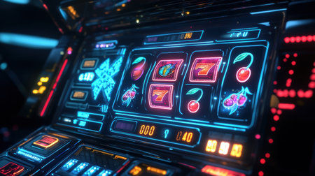 The slot machine features spinning reels illuminated with classic symbols like cherries, sevens, and bars, captivating players at the casino.の素材