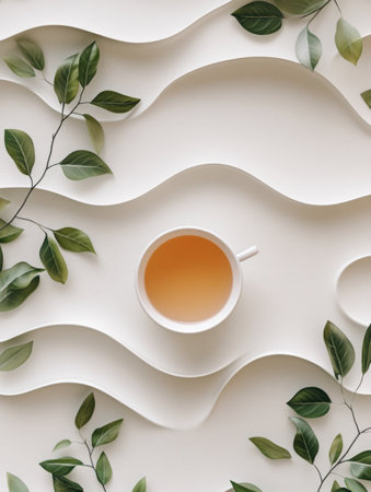 A warm tea cup rests at the center, embraced by soft, flowing leaves that evoke a serene, peaceful moment.の素材