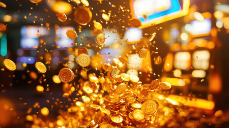 Golden coins spill out of a slot machine, filling the air with excitement and anticipation in a lively casino environment.の素材