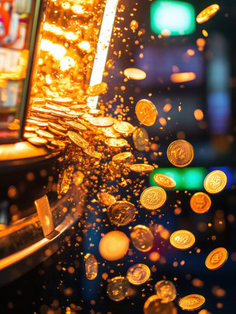 Golden coins pour from a slot machine, filling the air with anticipation and joy as onlookers revel in the excitement of winning.の素材