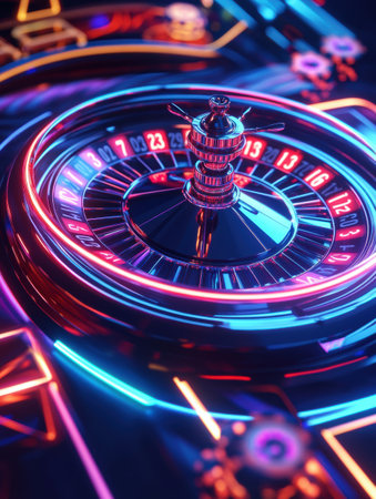 A roulette table illuminated with vibrant neon numbers invites players to try their luck in a lively casino environment during the night.の素材