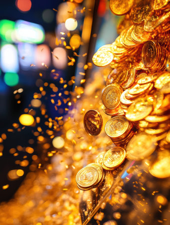 Golden coins flow freely from a slot machine, filling the air with excitement and the promise of fortune in a vibrant casino setting.の素材