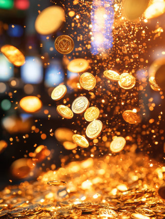 A cascade of golden coins spills from a slot machine, filling the air with excitement and a sense of fortune in a lively casino.の素材