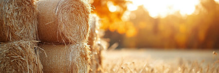 Hay bales lie neatly stacked in the golden sunlight, surrounded by colorful autumn foliage on a tranquil fall day.の素材