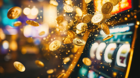 Coins pour from a slot machine, filling the air with shimmering gold and evoking feelings of excitement and potential fortune within the casino.の素材