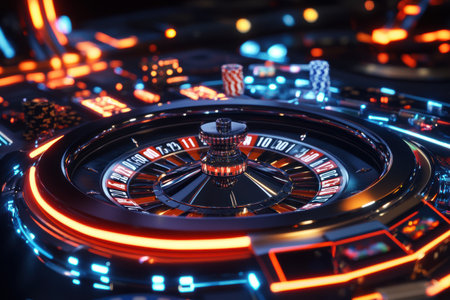 A roulette table showcases bright neon numbers, captivating players in a bustling casino atmosphere during the evening hours.の素材