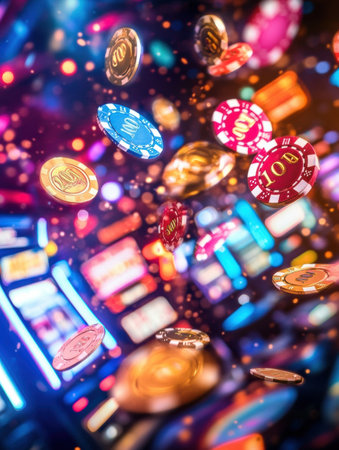Excitement fills the atmosphere as coins and poker chips burst upward after a slot machine wins a huge jackpot, enhancing the casino thrill.の素材
