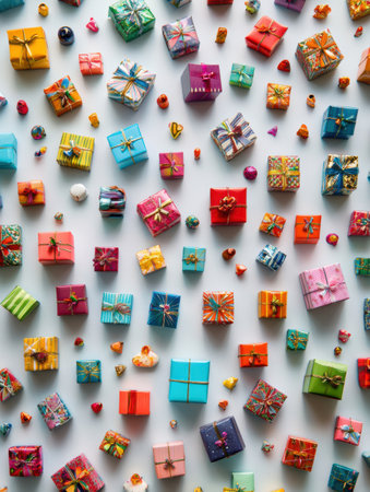 A delightful collection of brightly colored gift boxes of different sizes, artistically placed together, perfect for celebrations and surprises.の素材