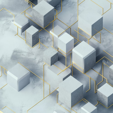 Cubes of different sizes and tones are interconnected by diagonal lines, set against a soft, light background, creating an abstract look.の素材