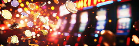 Coins and poker chips are flying through the air as a slot machine celebrates a jackpot win, creating an atmosphere of thrill.の素材