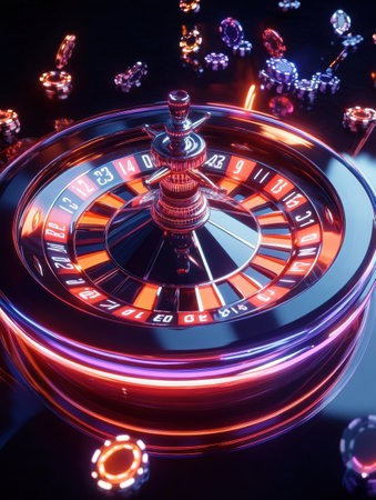 A roulette table glows with bright neon numbers and chips, creating an electric atmosphere in a bustling casino setting.の素材