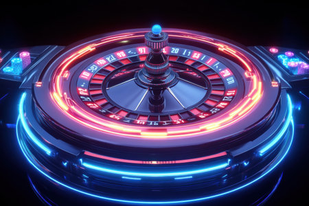 A colorful roulette table illuminated with neon numbers and lights captivates players in a lively casino setting during nighttime.の素材