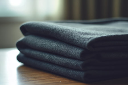 Neatly folded minimalist sportswear arranged on a smooth wooden table, enhancing a clean and organized appearance in a bright setting.の素材