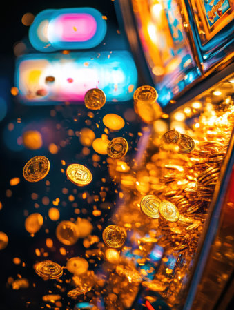 A cascade of shimmering gold coins pours out of a slot machine, creating an exhilarating moment filled with joy and anticipation.の素材