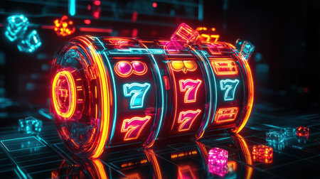 Brightly lit slot machine reels spin with classic symbols like cherries, sevens, and bars, creating an electric atmosphere in the casino.の素材