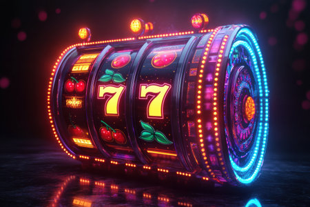 A vibrant slot machine showcases spinning reels adorned with classic symbols like cherries, sevens, and bars, captivating players.の素材