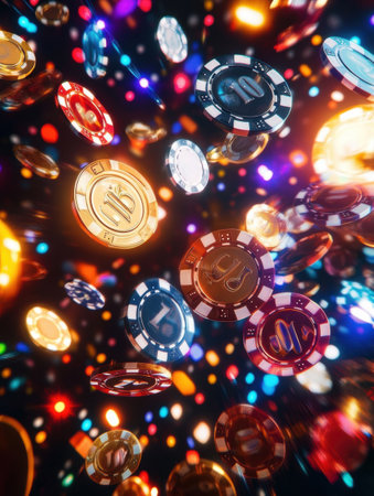 Celebrating a big win, coins and poker chips explode into the air amidst dazzling lights and colors in an energetic casino setting.の素材