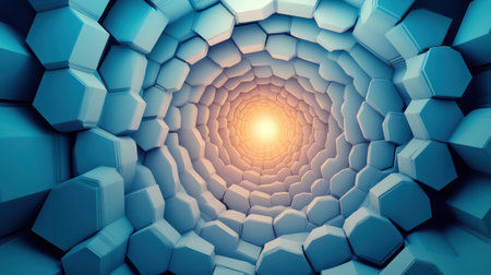Layered hexagons create a dynamic composition, leading the eye toward a central light source within a blue gradient.の素材
