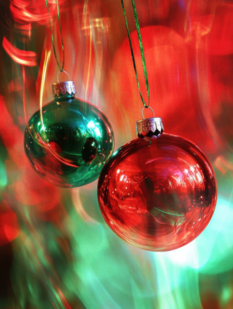 Two bright Christmas ornaments in red and green reflect enchanting lights, creating a festive atmosphere during the holiday season.の素材