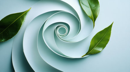 Green tea leaves spiral gracefully on a soft pastel background, embodying tranquility and the beauty of nature in a minimalist style.の素材