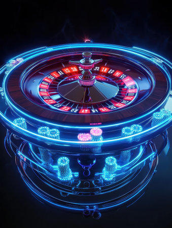 The bustling casino features a striking roulette table illuminated by glowing neon numbers, inviting players for a night of excitement.の素材