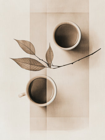 Two steaming cups of tea are accompanied by delicate tea leaves, creating a peaceful atmosphere inviting relaxation and enjoyment.の素材