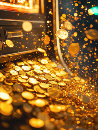 Golden coins spill out from a slot machine, showering the area with wealth and creating a thrilling experience in the lively casino.の素材