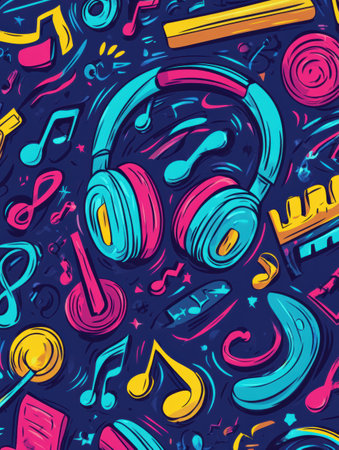 A vibrant collection of music-themed doodles features instruments, notes, and headphones, showing the essence of sound and rhythm.の素材