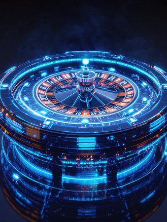 The roulette table features glowing neon numbers, creating an enticing atmosphere for players at a nighttime casino.の素材