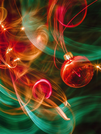 Colorful Christmas ornaments and twinkling lights create an enchanting abstract display that captures the holiday spirit through swirling hues.の素材