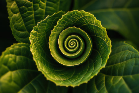 The tea leaf exhibits a delicate spiral shape, highlighting its rich green color and the beauty of natural patterns in sunlight.の素材