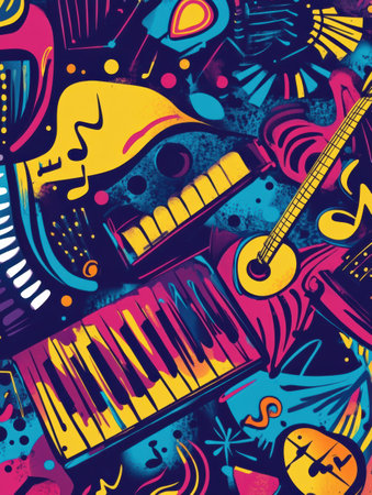 A vibrant collection of musical doodles showcases various instruments, notes, and sound waves, perfect for artistic inspiration and creativity.の素材