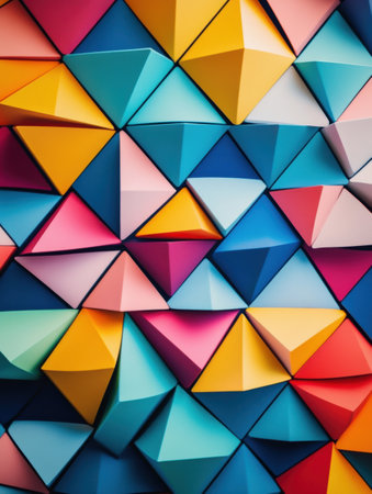 An intricate display of colorful triangular shapes creates a mesmerizing geometric abstraction with various hues and textures.の素材