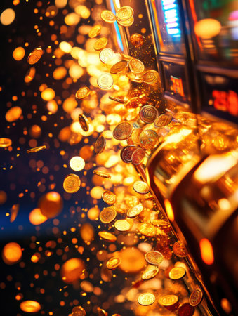 Golden coins pour from a slot machine, filling the air with the thrill of potential winnings in a lively casino atmosphere.の素材