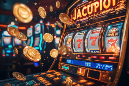 A burst of coins and poker chips fills the air as a slot machine hits the jackpot, creating excitement in the bustling casino.の素材
