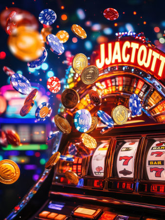 A slot machine erupts with coins and poker chips flying as it hits the jackpot, creating a lively moment in a bustling casino.の素材