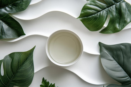 A delicate tea cup rests among vibrant green leaves on a soft, undulating white surface, creating a peaceful and calming atmosphere.の素材