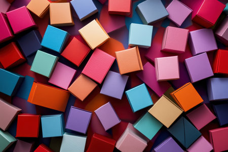 Various small gift boxes in bright colors are spread out on a surface, showing their different sizes and cheerful designs.の素材