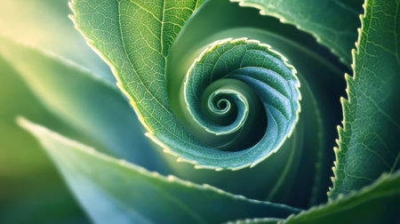 A tea leaf spirals gracefully, revealing its detailed texture while soaking up warm sunlight in a serene setting.の素材