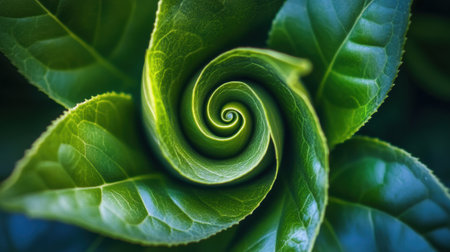 A tea leaf twists elegantly in a spiral formation among surrounding green foliage, highlighting the beauty of nature's patterns.の素材