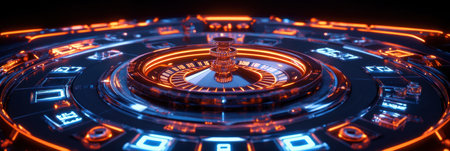 A roulette table features bright neon numbers, creating a lively ambiance during a thrilling game at the casino.の素材