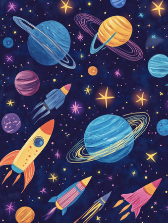 Doodles of various planets, rockets, and stars vividly illustrate a cosmic theme against a deep, dark background.の素材
