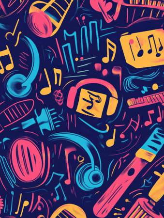 A vibrant arrangement of musical doodles showcases various instruments, notes, and headphones against a deep backdrop.の素材