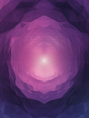 Layered hexagons in shades of purple and pink converge toward the center, creating a dynamic sense of depth and visual interest.の素材