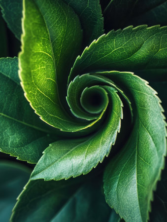 A vibrant green tea leaf spirals elegantly, showing its intricate design and rich texture in the morning light.の素材