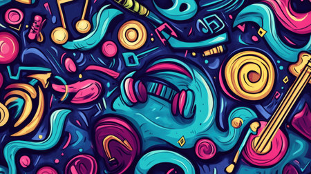 A lively composition showcases a mix of musical instruments, notes, and sound waves in an engaging and colorful doodle design.の素材